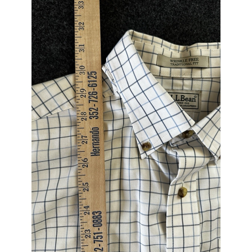 Mens LL Bean Button Down Long Sleeve Shirt Med Cream Blue Check Wrinkle Free - Picture 6 of 7